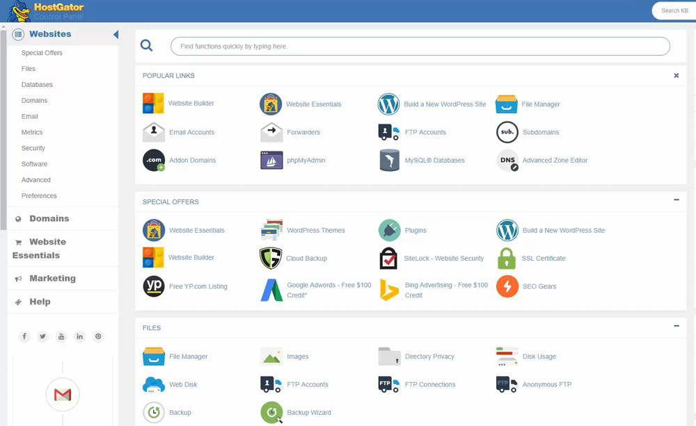 HostGator Control Panel Dashboard
